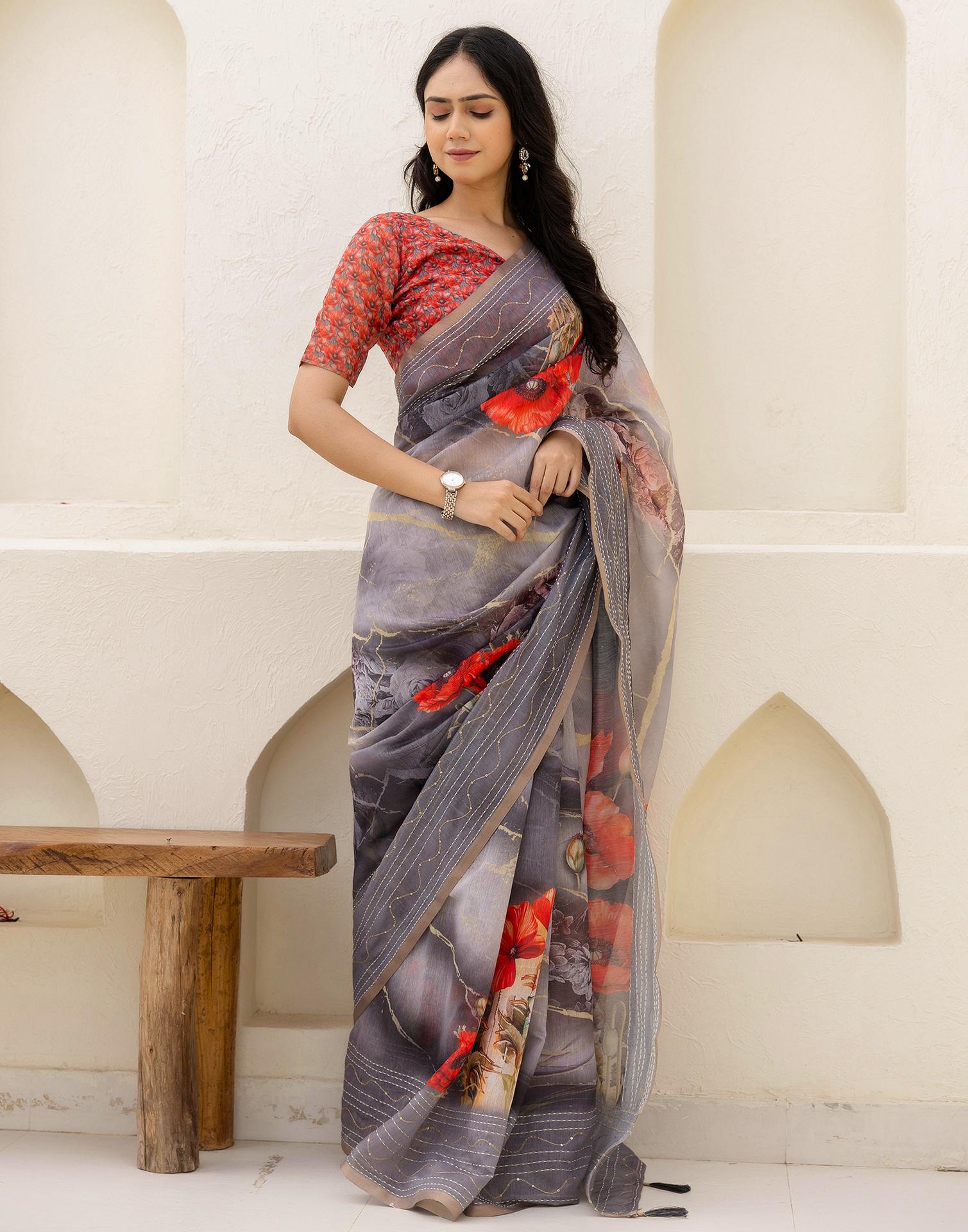 Multicoloured Cotton Embroidery Floral Printed Saree