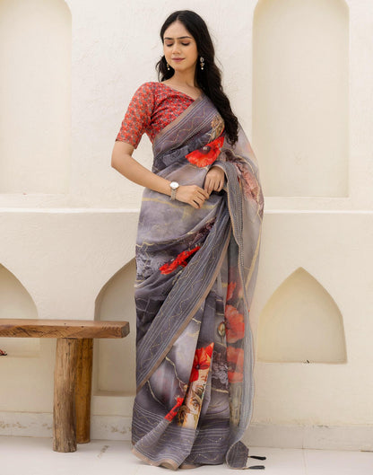 Multicoloured Cotton Embroidery Floral Printed Saree