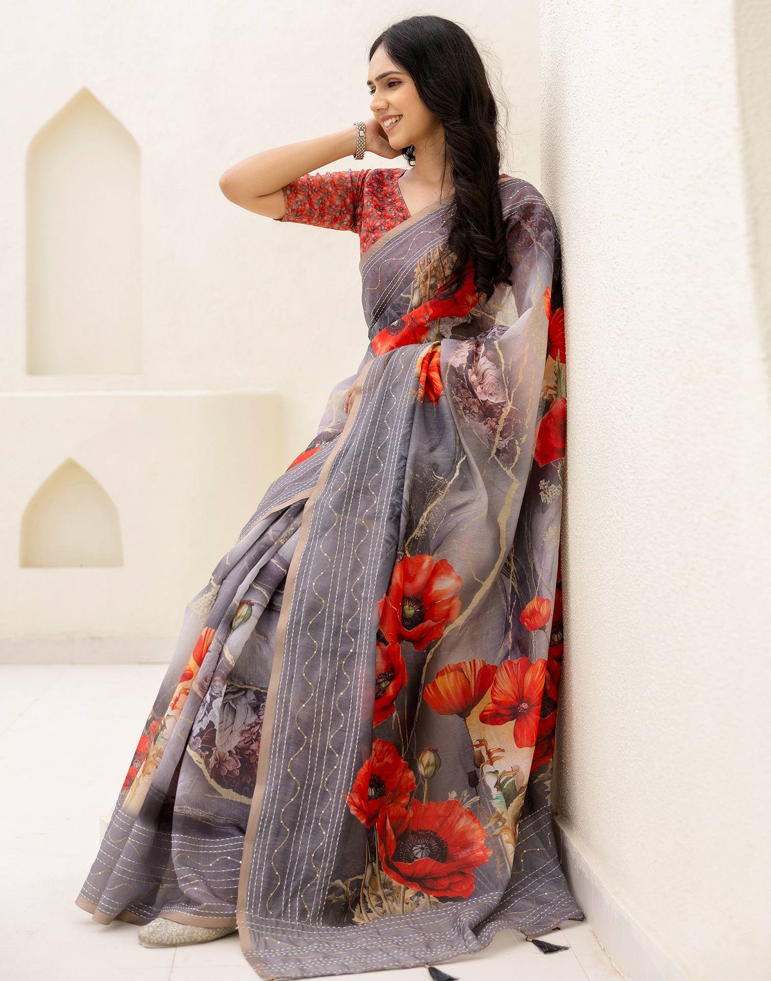 Multicoloured Cotton Embroidery Floral Printed Saree