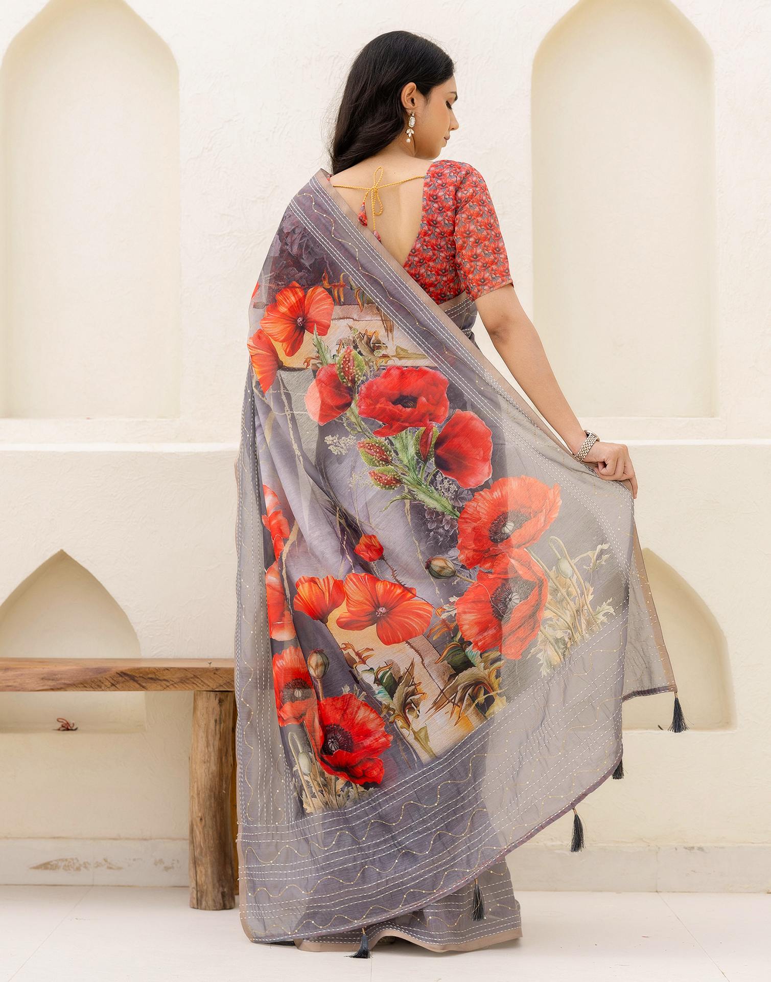 Multicoloured Cotton Embroidery Floral Printed Saree
