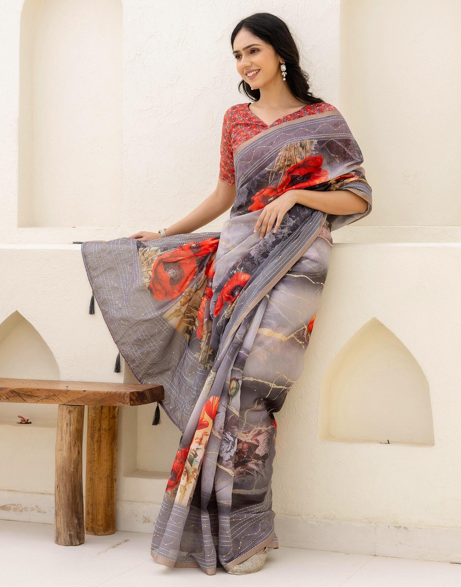 Multicoloured Cotton Embroidery Floral Printed Saree