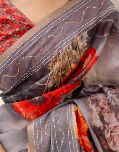 Multicoloured Cotton Embroidery Floral Printed Saree
