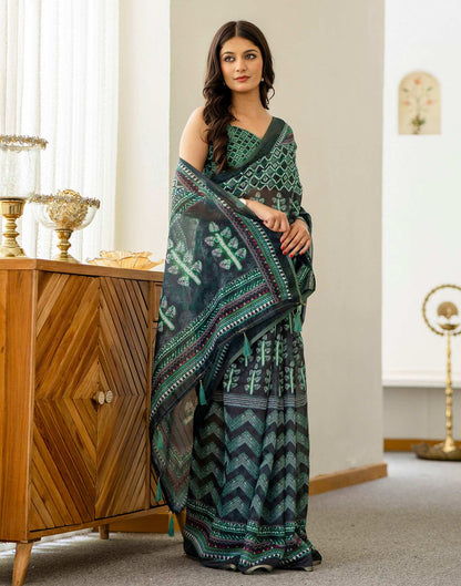 Green Cotton Printed Saree