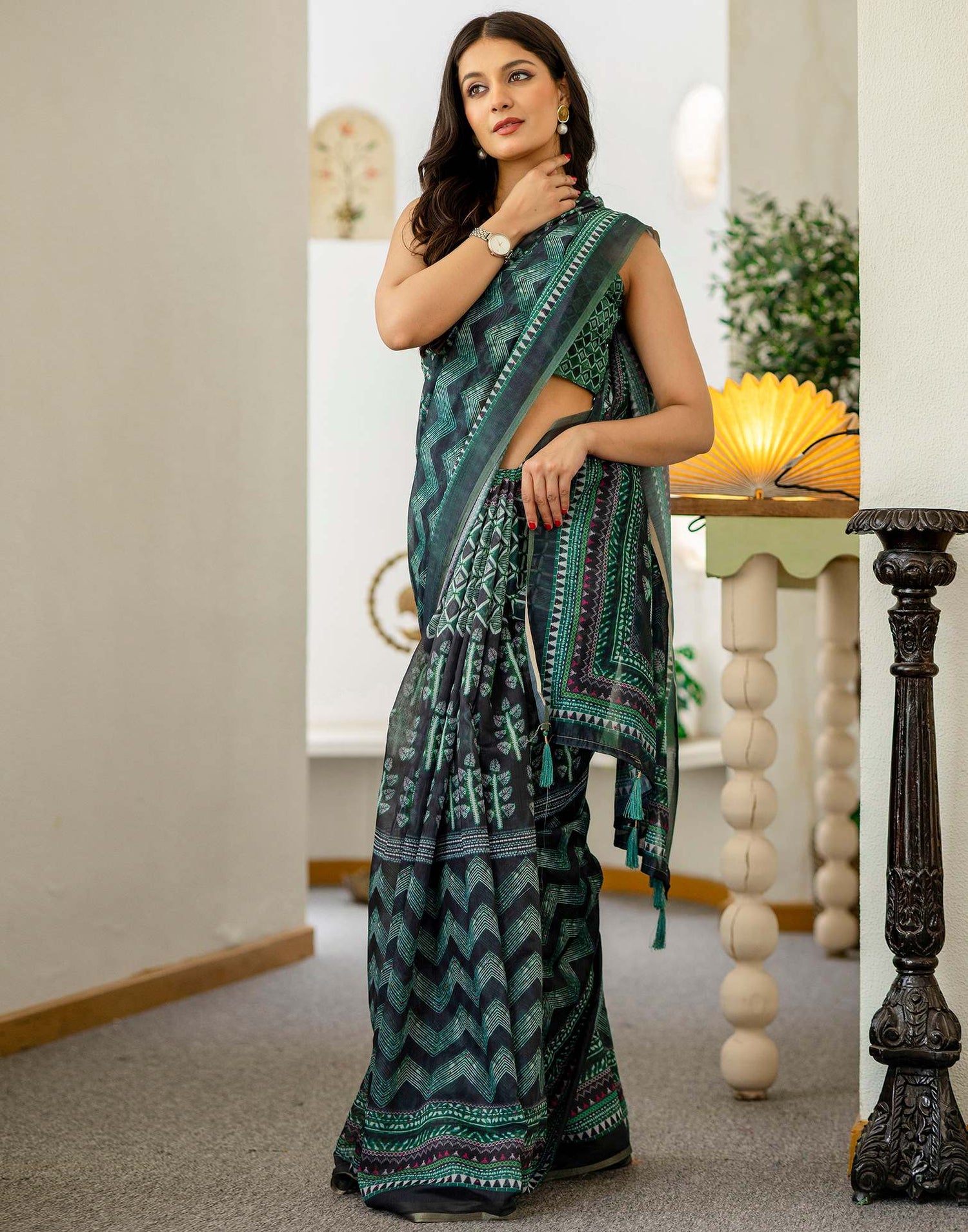 Green Cotton Printed Saree