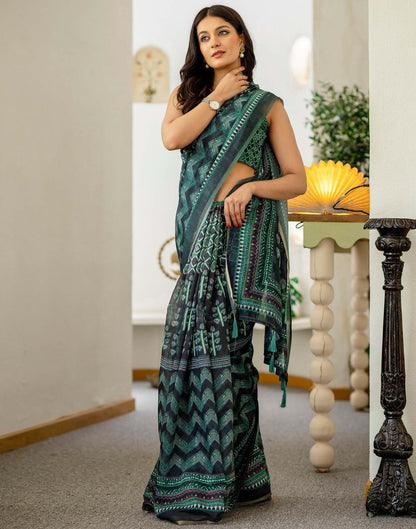 Green Cotton Printed Saree