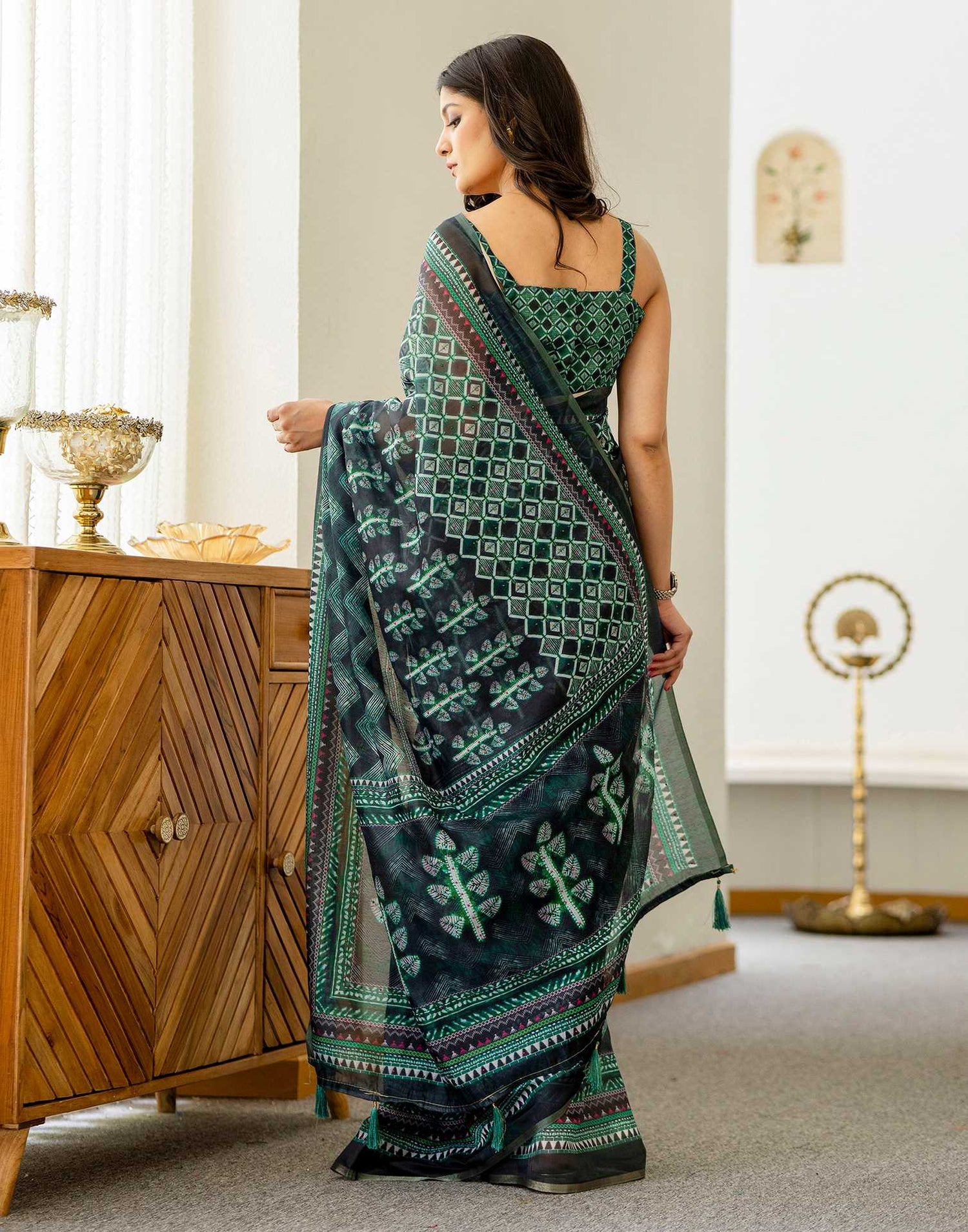 Green Cotton Printed Saree