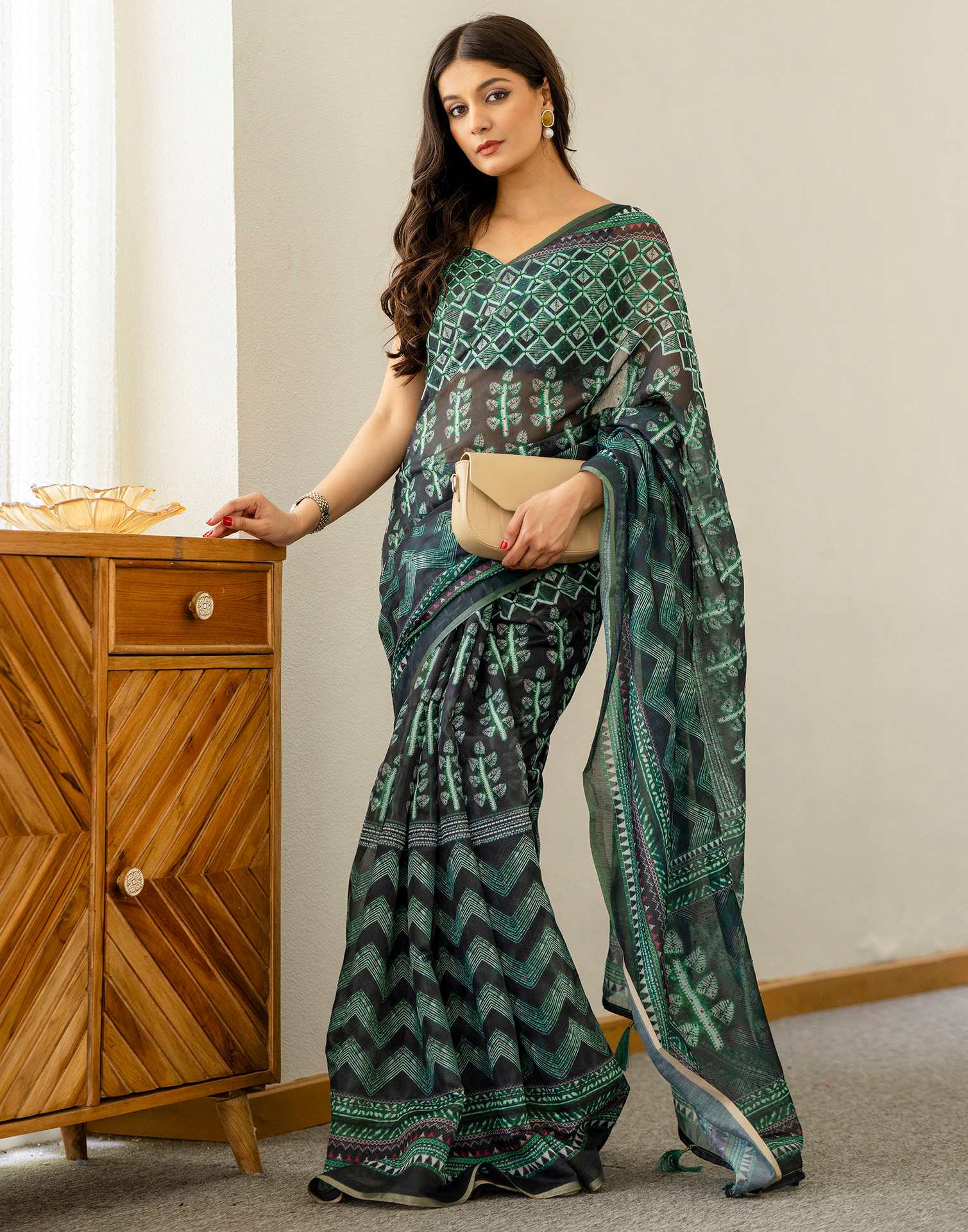 Green Cotton Printed Saree