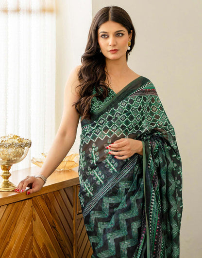 Green Cotton Printed Saree