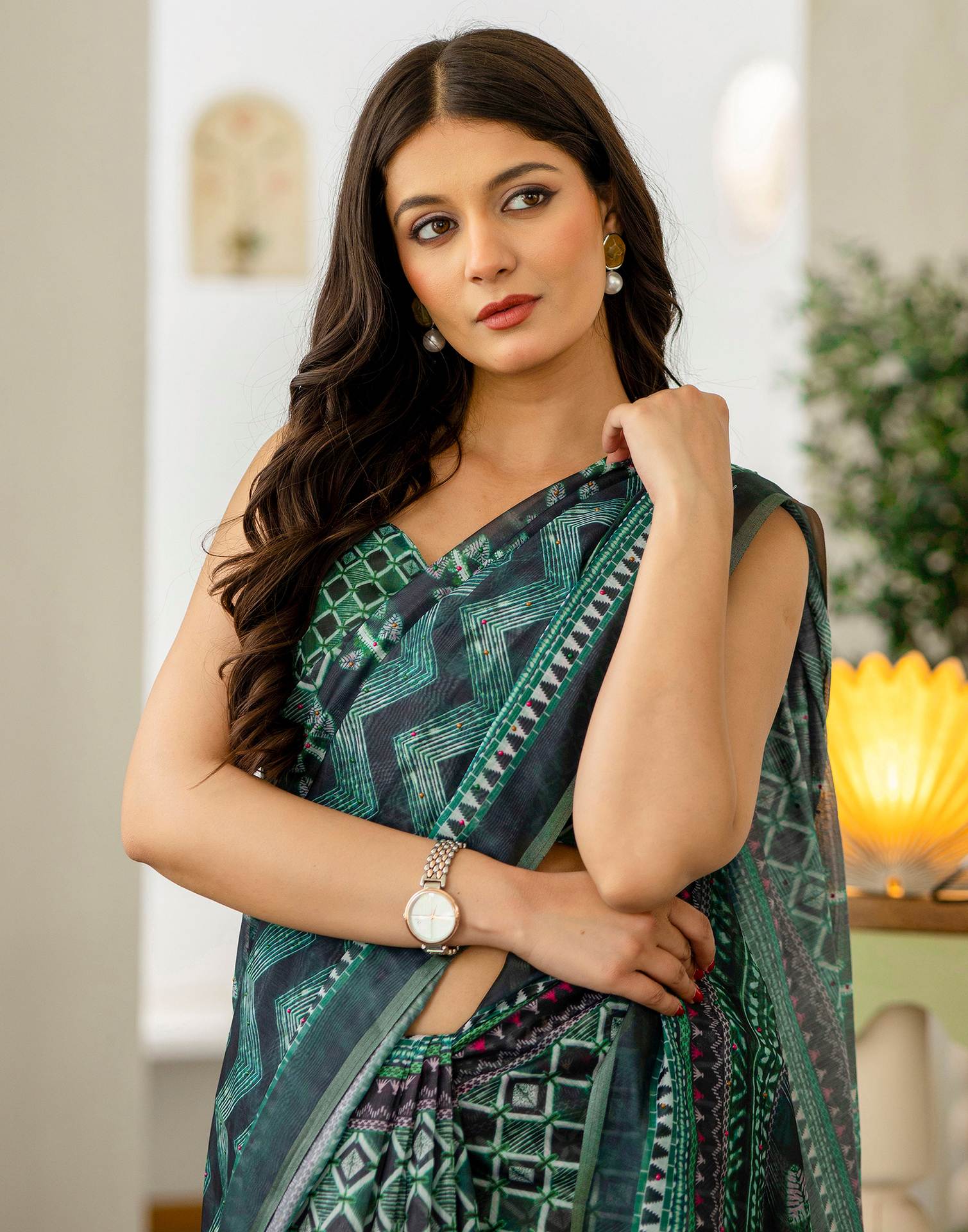 Green Cotton Printed Saree