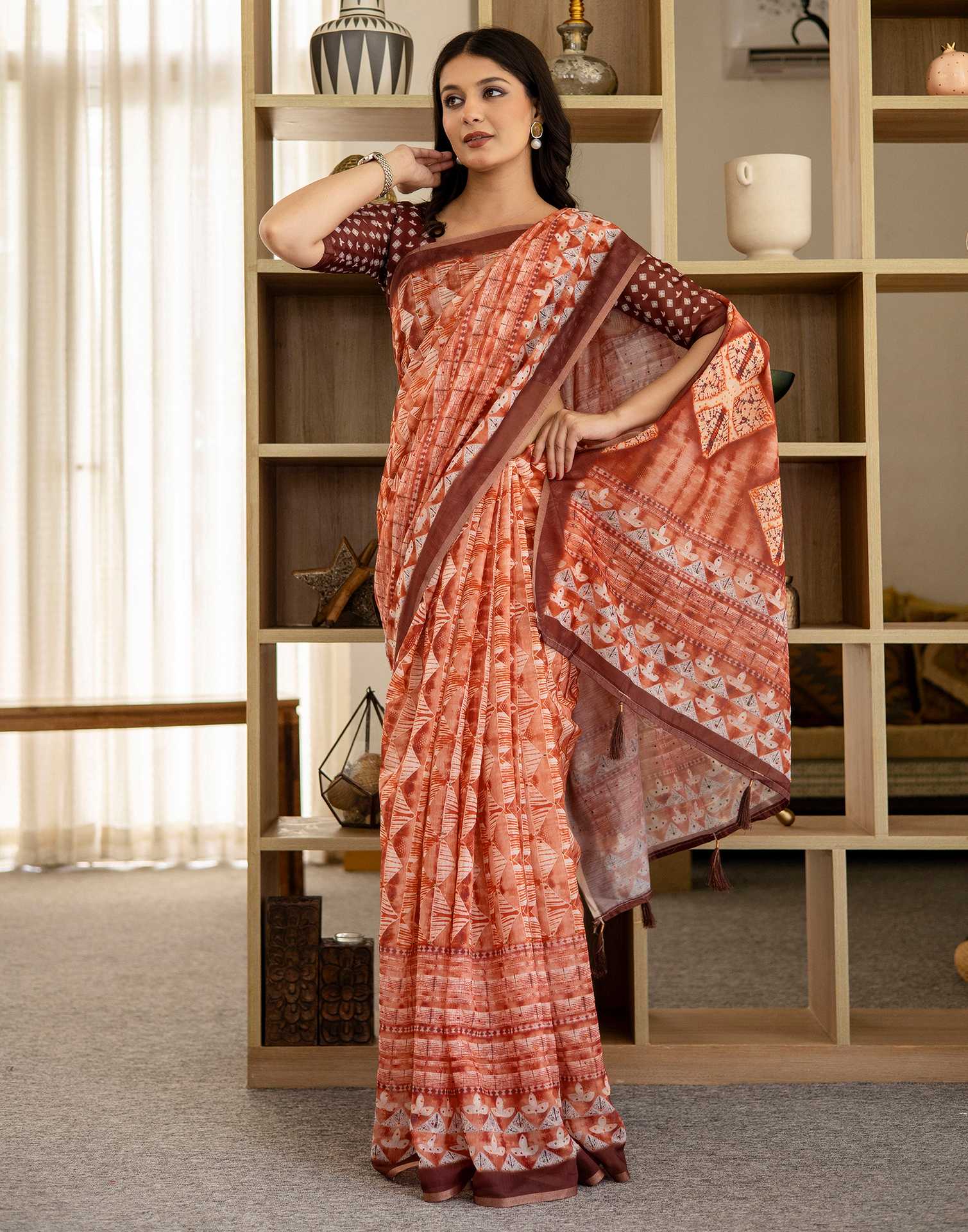 Orange Cotton Printed Saree