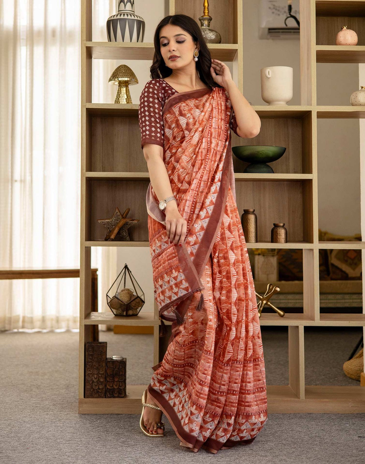 Orange Cotton Printed Saree