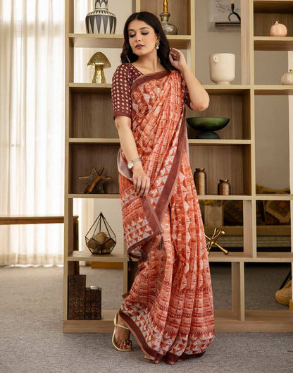 Orange Cotton Printed Saree