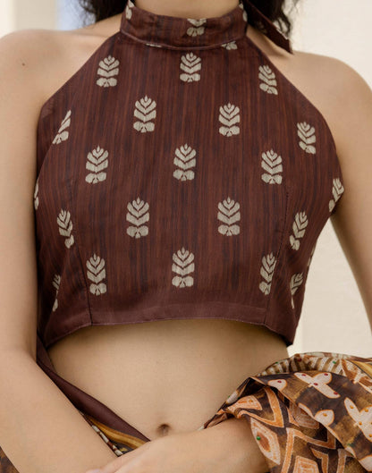 Brown Cotton Printed Saree