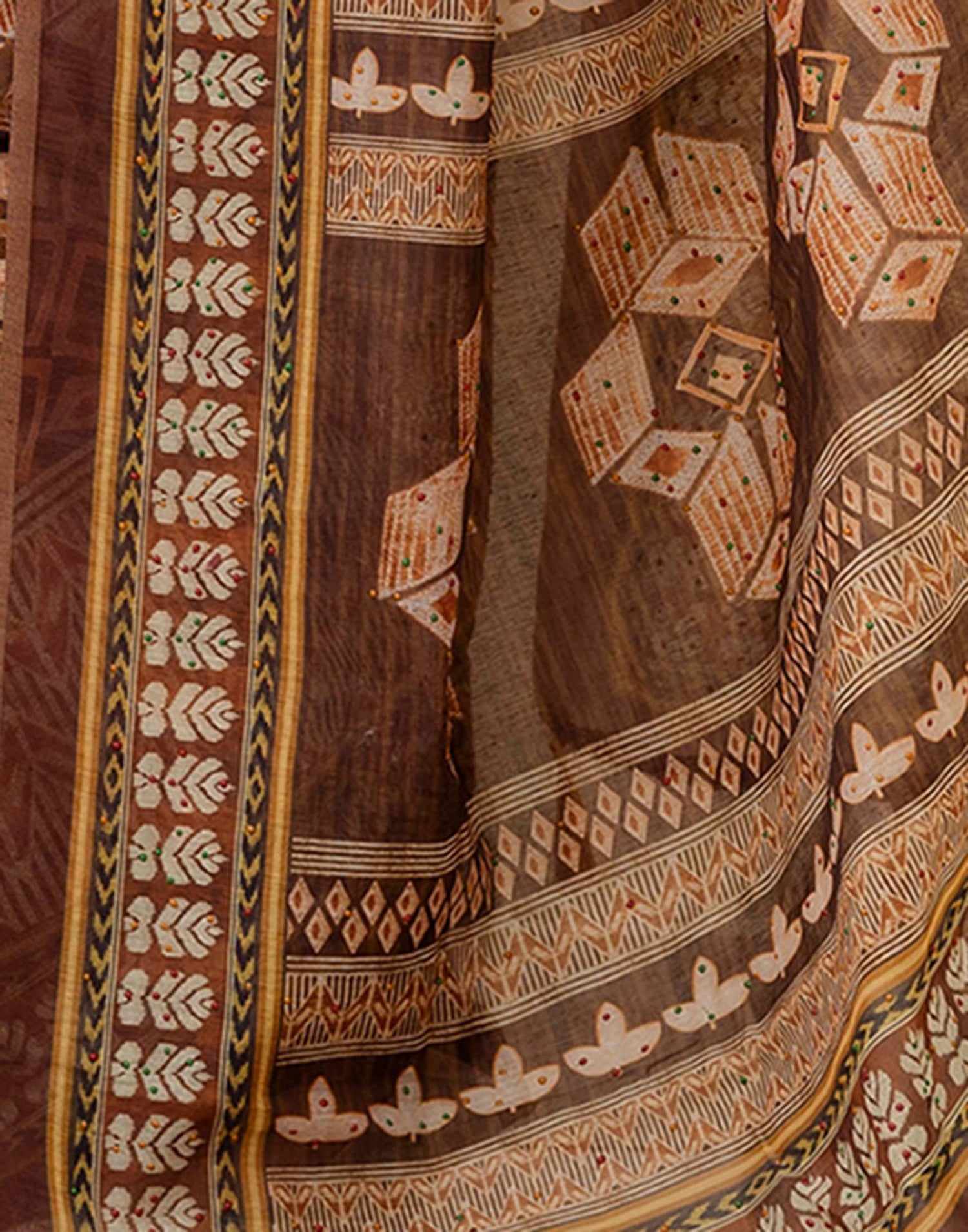 Brown Cotton Printed Saree