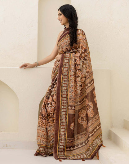 Brown Cotton Printed Saree