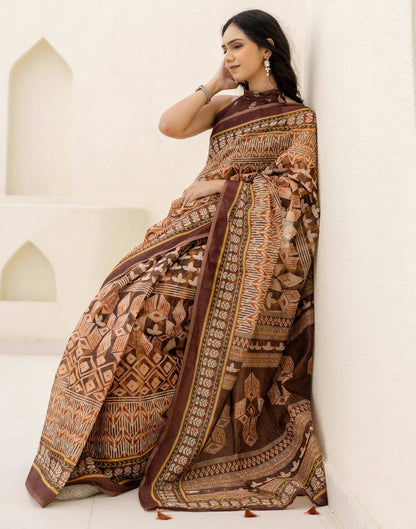 Brown Cotton Printed Saree