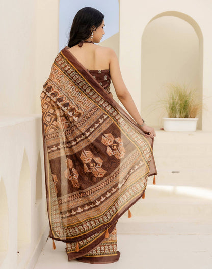 Brown Cotton Printed Saree