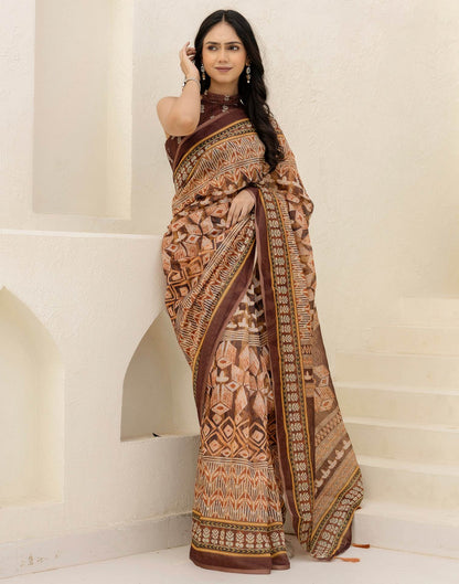 Brown Cotton Printed Saree