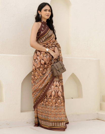 Brown Cotton Printed Saree