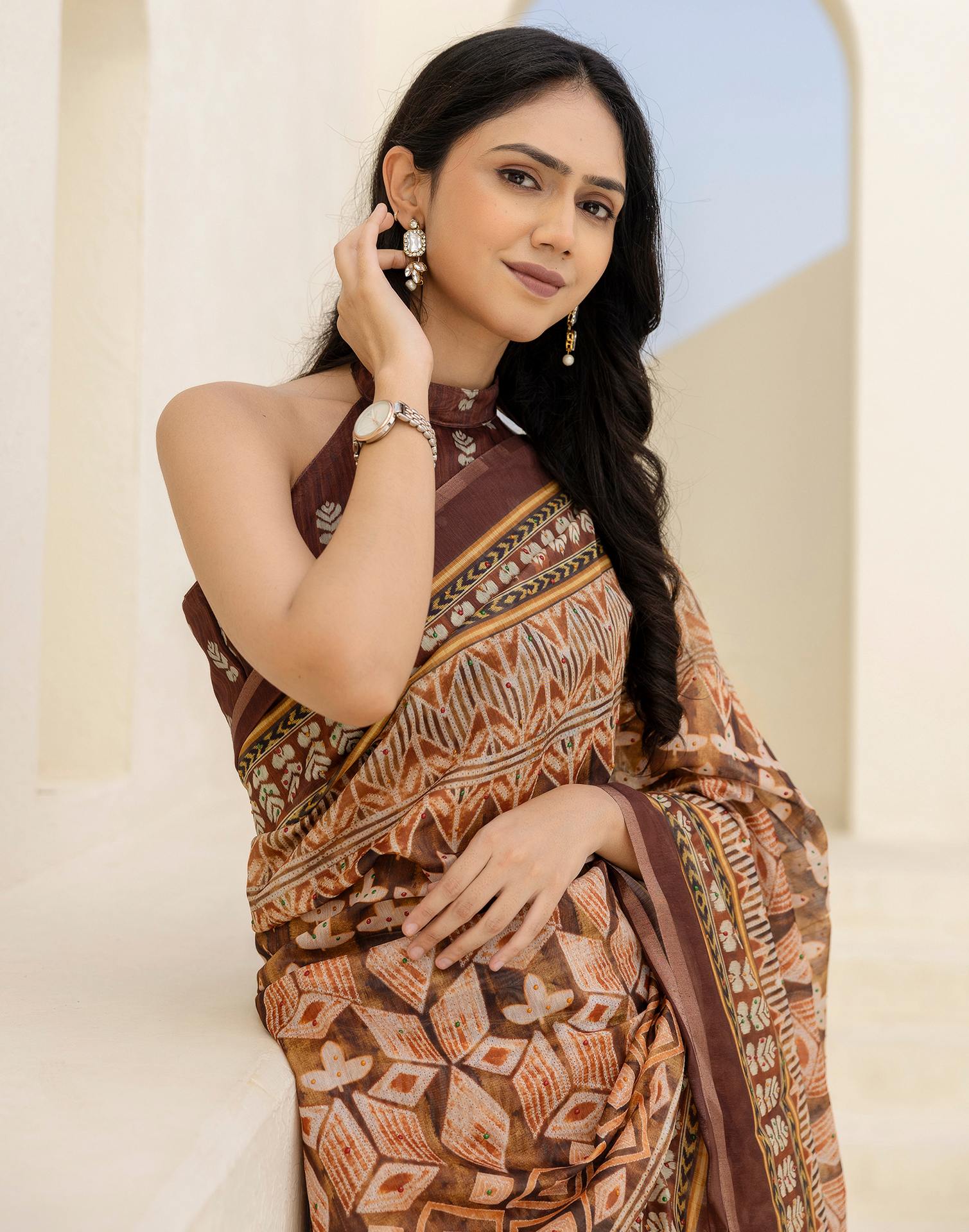 Brown Cotton Printed Saree