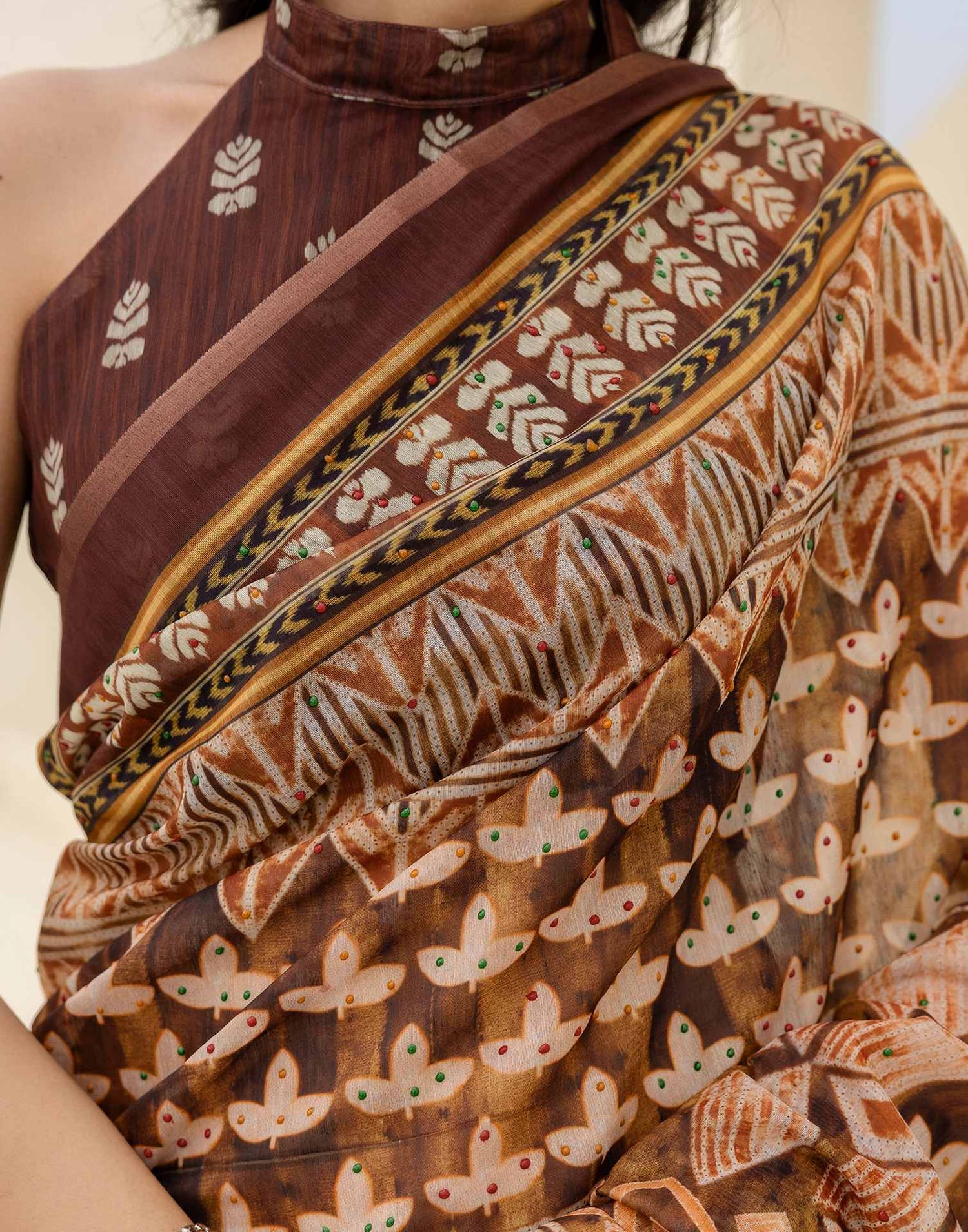 Brown Cotton Printed Saree