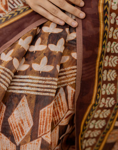 Brown Cotton Printed Saree