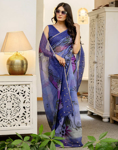 Purple Cotton Embroidery Printed Saree