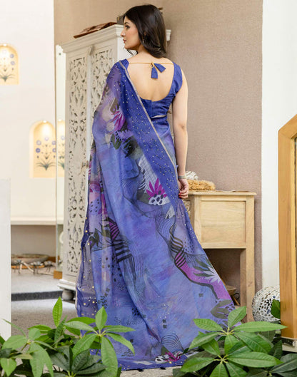Purple Cotton Embroidery Printed Saree