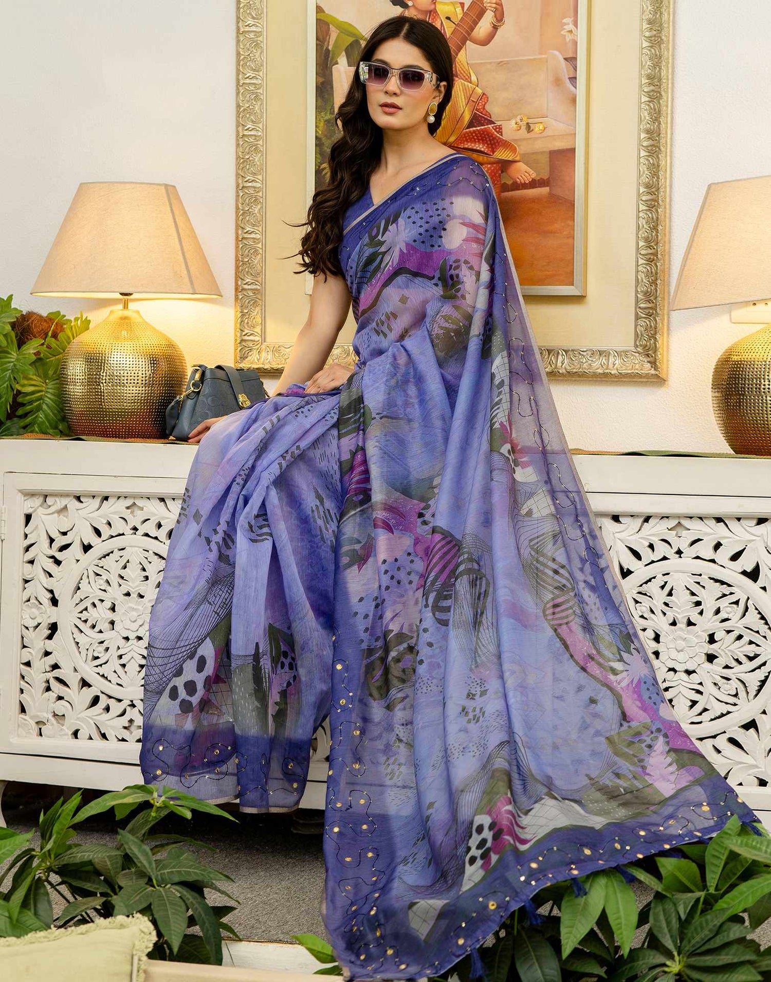 Purple Cotton Embroidery Printed Saree