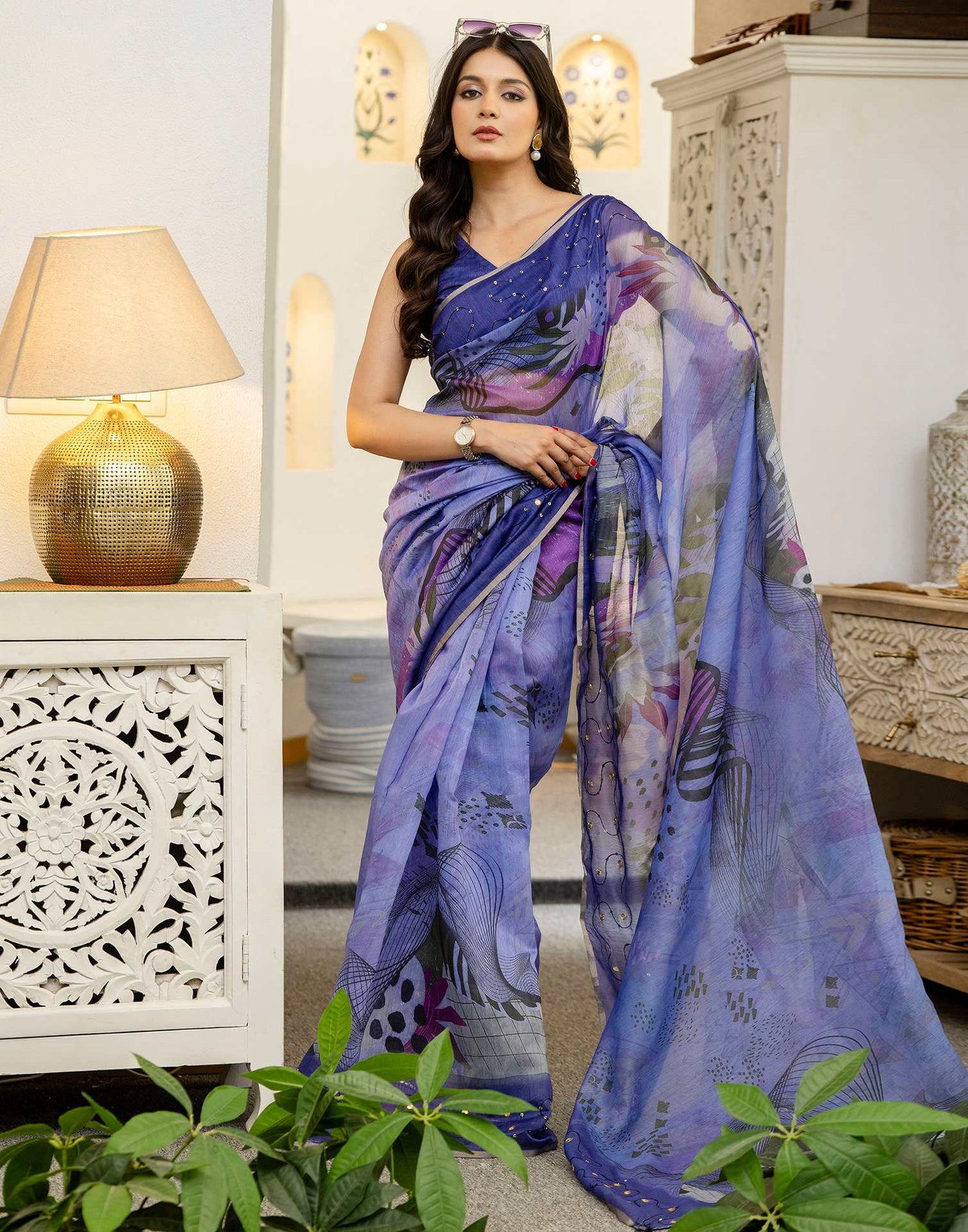Purple Cotton Embroidery Printed Saree
