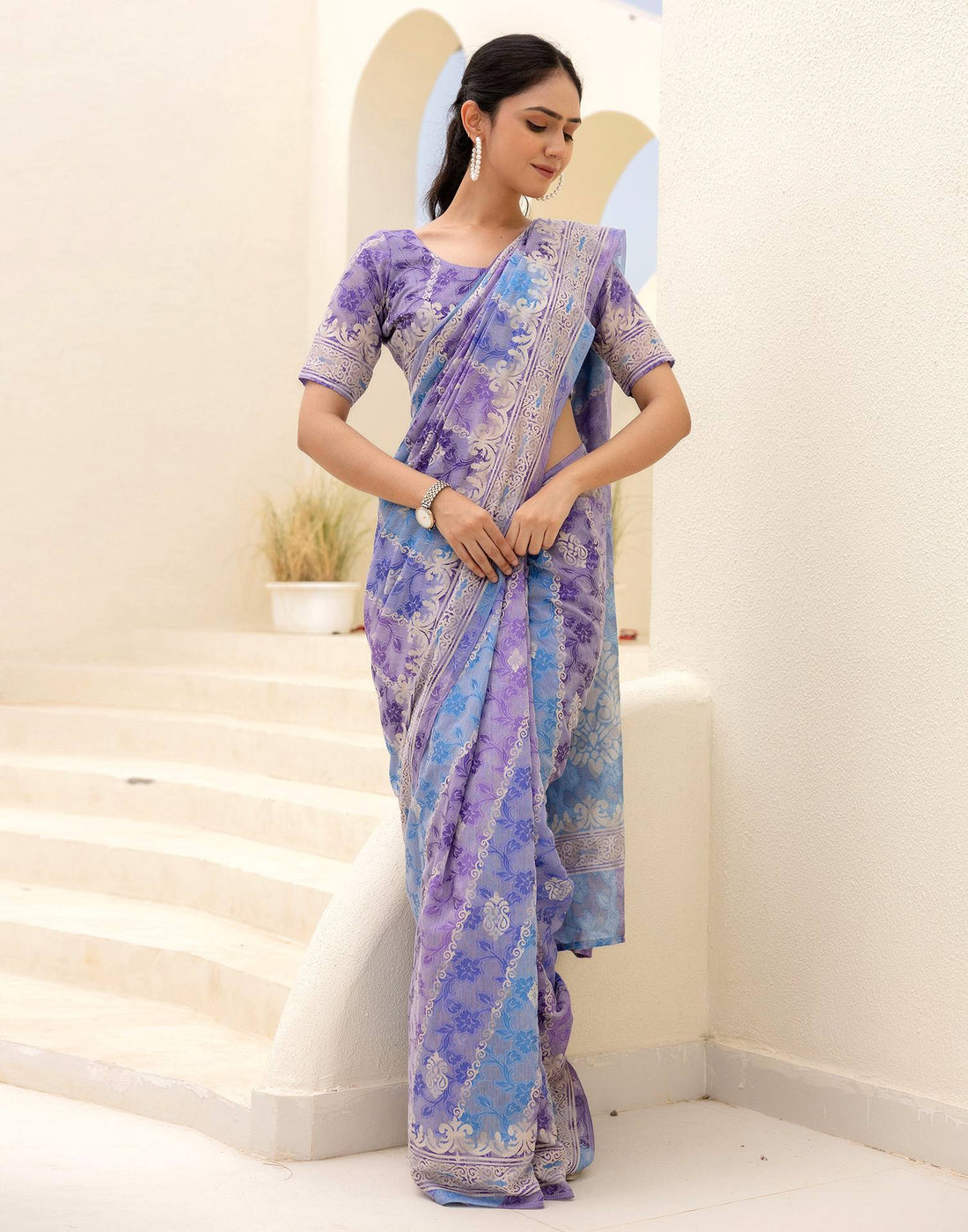 Purple Cotton Printed Woven Saree