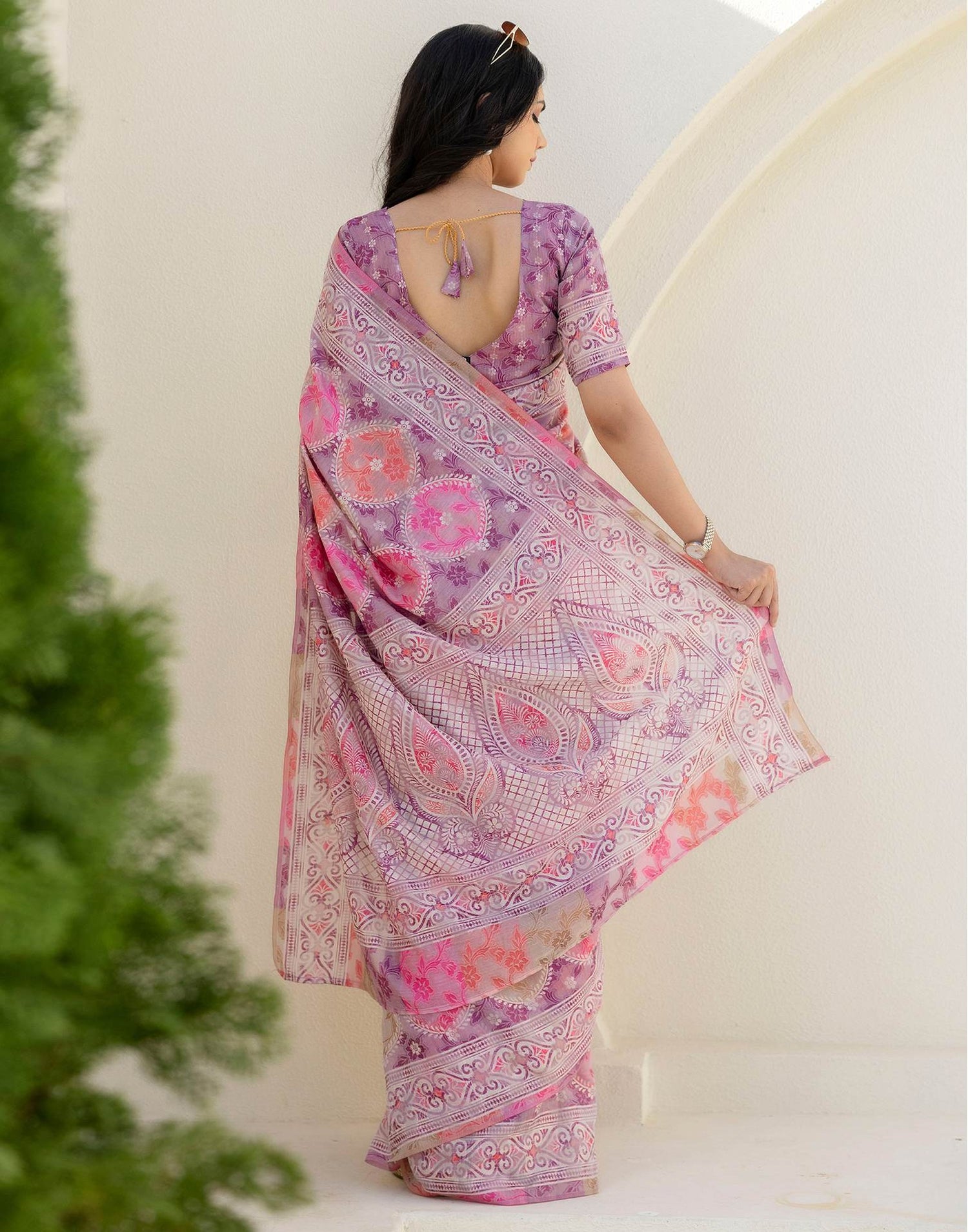 Mauve Cotton Printed Woven Saree