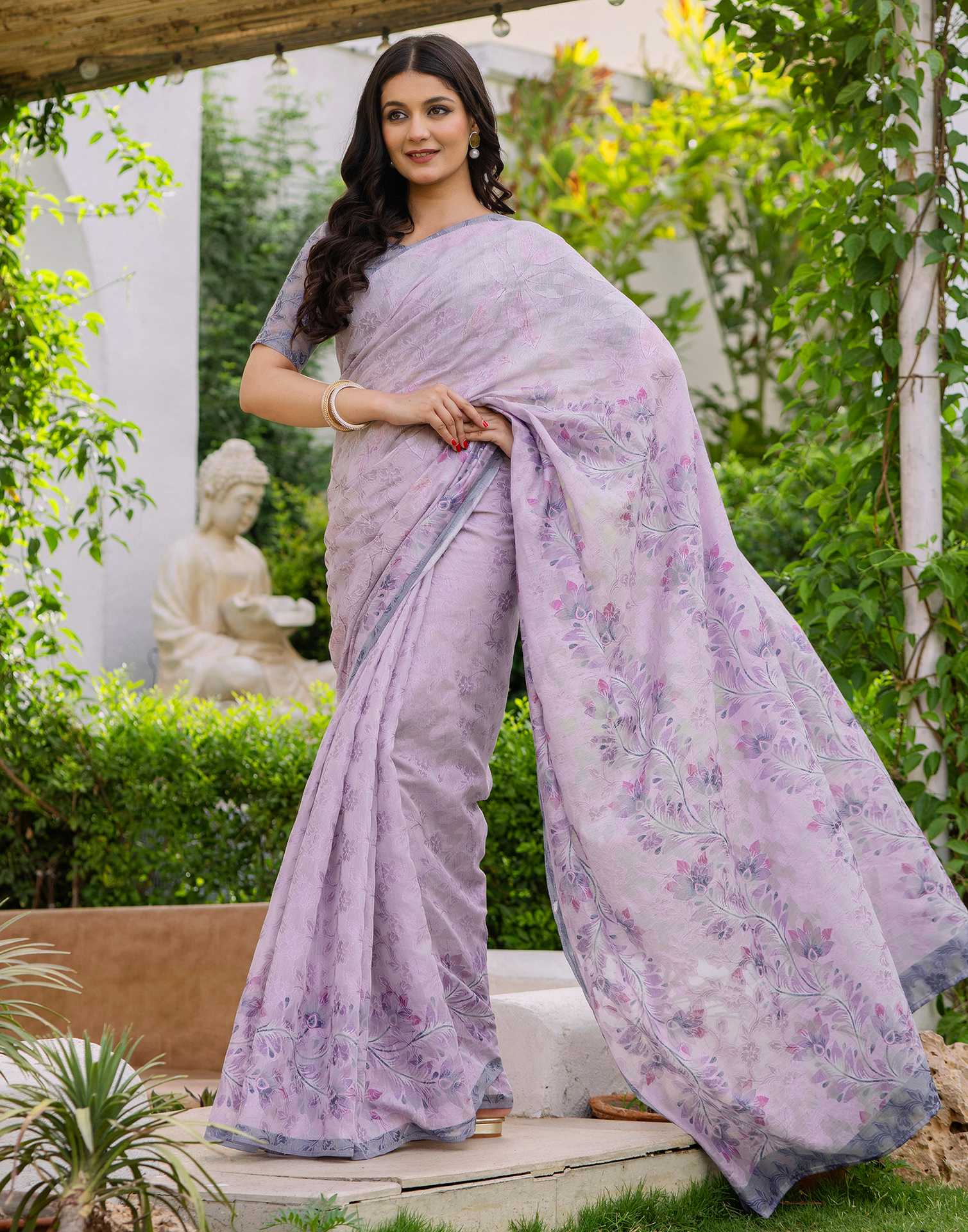 Pink Cotton Floral Printed Saree