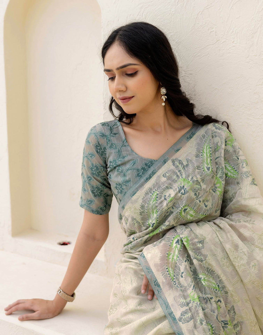 Green Cotton Floral Printed Saree