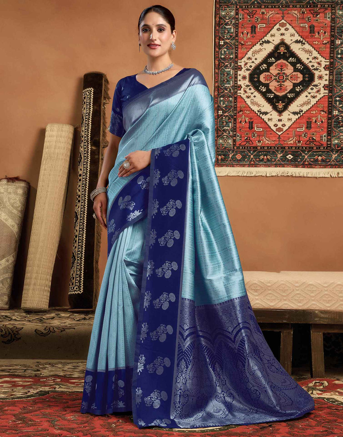 Turquoise Silk Woven Kanjivaram Saree