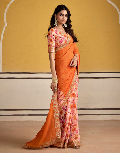 Orange Georgette Floral Printed Saree