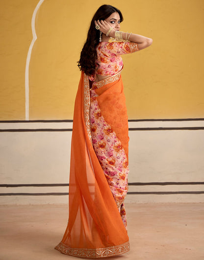 Orange Georgette Floral Printed Saree
