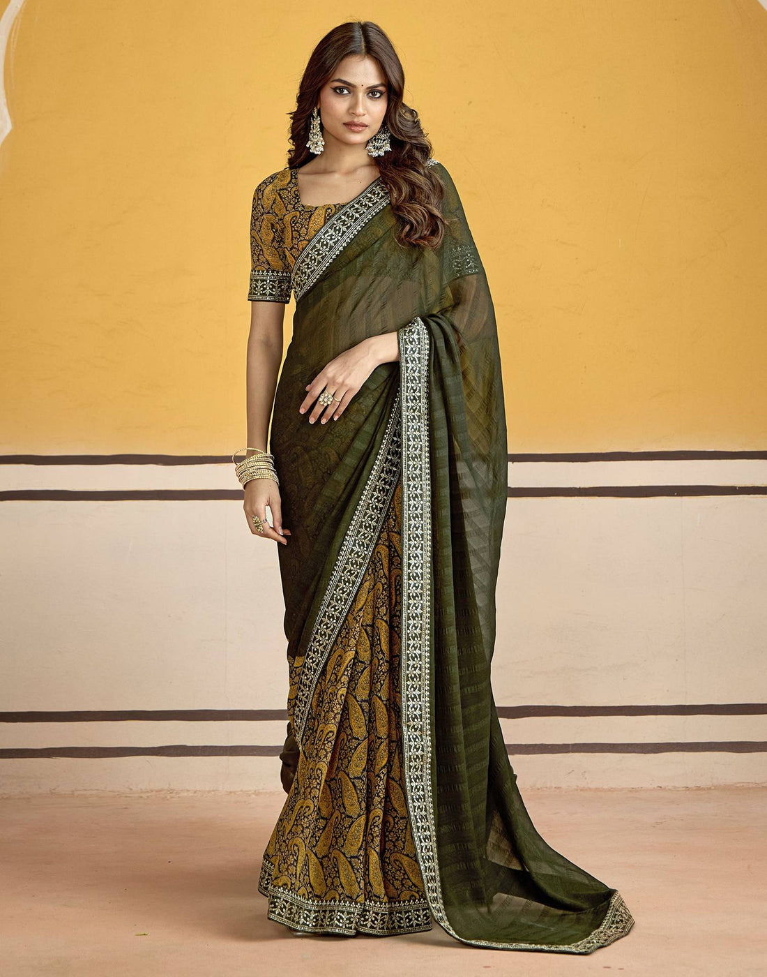 Dark Green Georgette Printed Saree