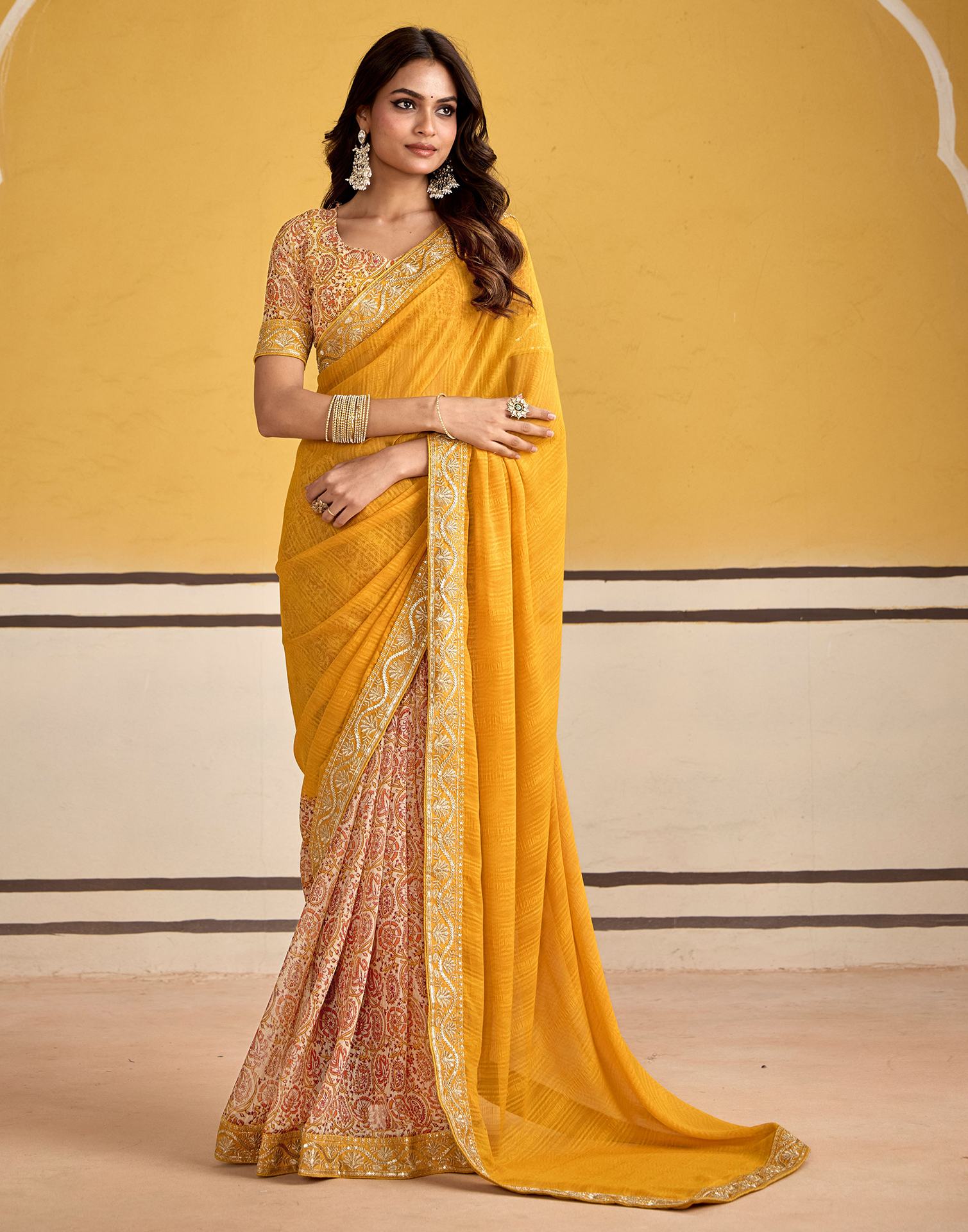 Turmeric Yellow Georgette Printed Saree