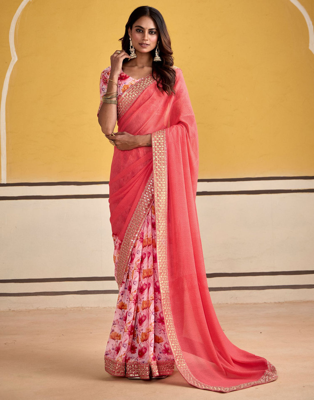 Punch Pink Georgette Printed Saree
