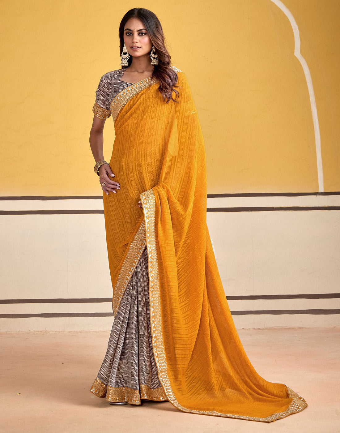 Mustard Yellow Georgette Printed Saree