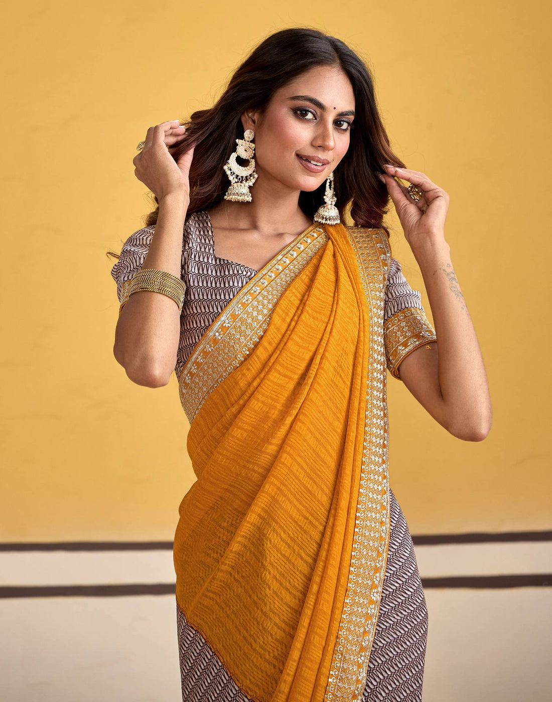Mustard Yellow Georgette Printed Saree