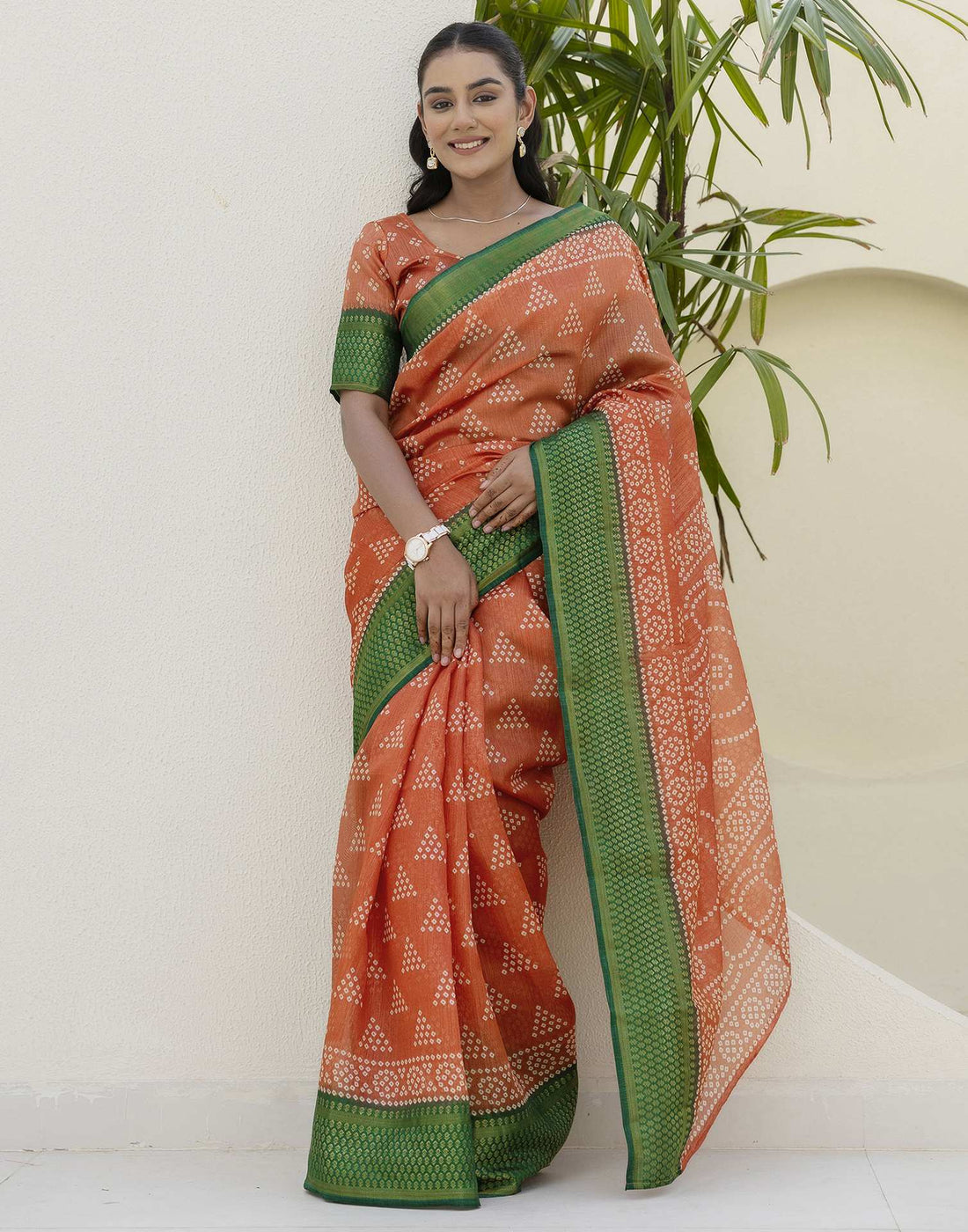 Light Orange Silk Printed Bandhani Saree