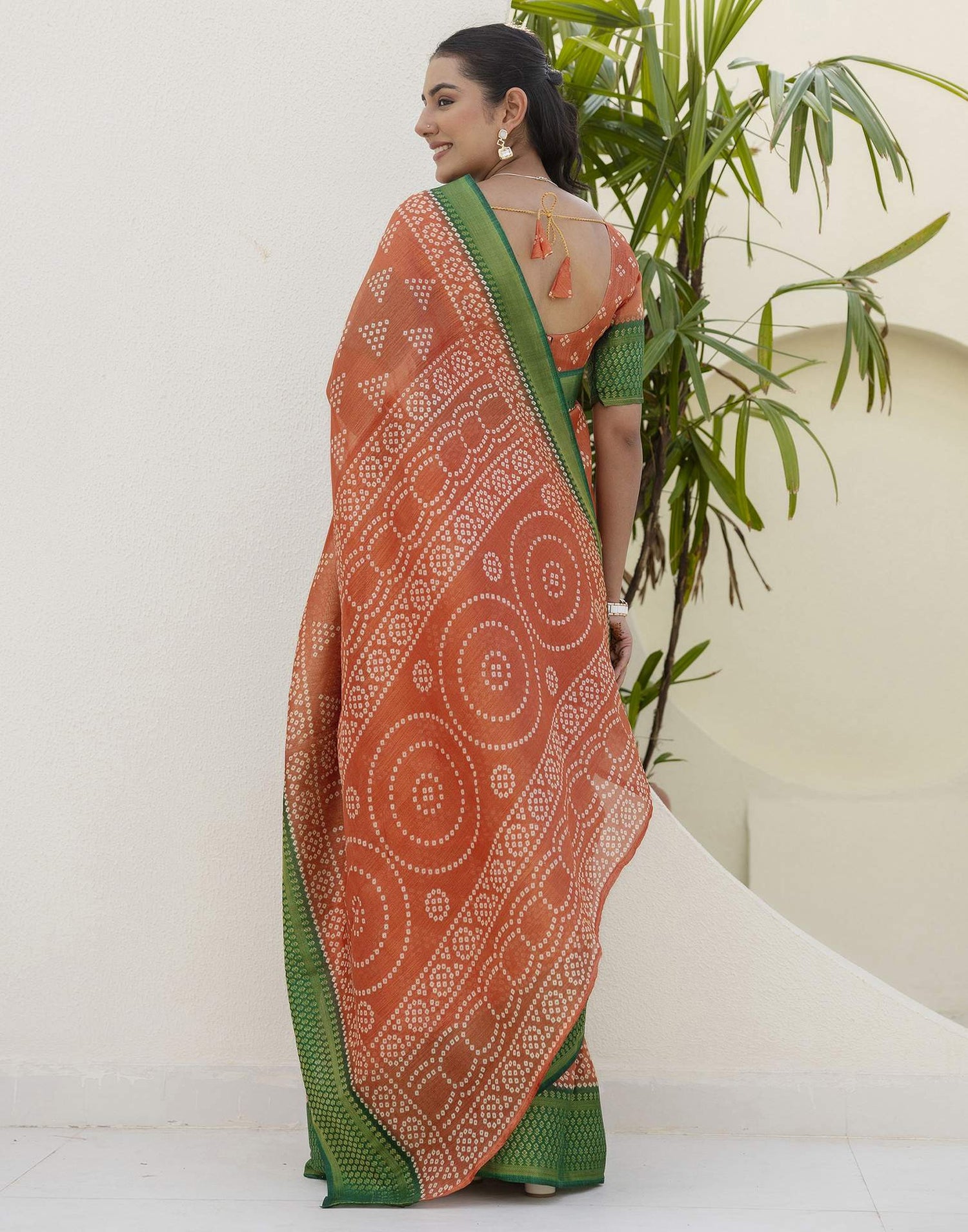 Light Orange Silk Printed Bandhani Saree