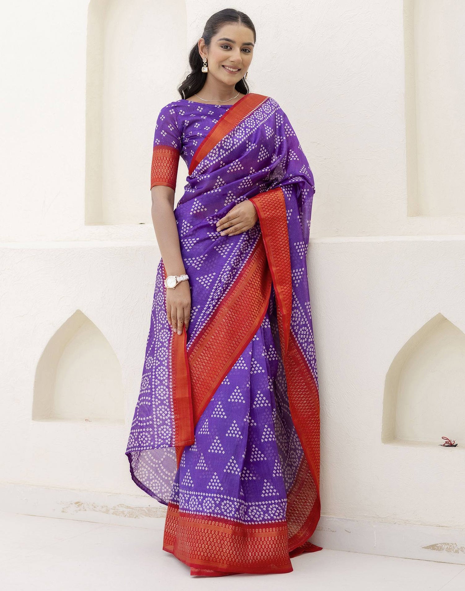 Purple Silk Printed Bandhani Saree