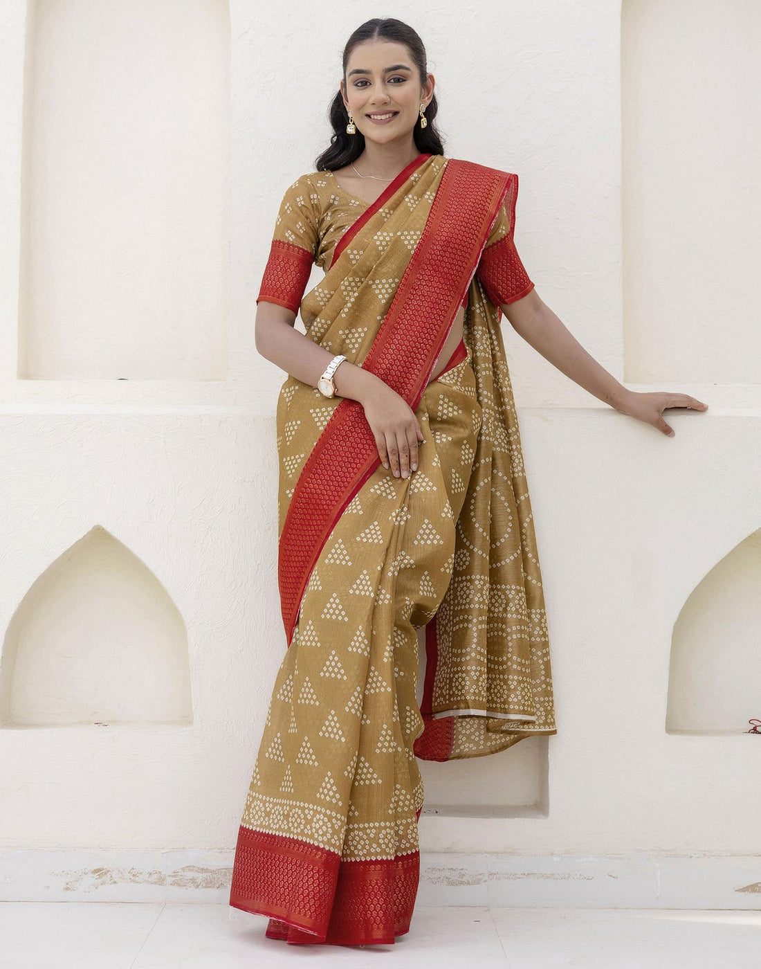 Khaki Silk Printed Bandhani Saree