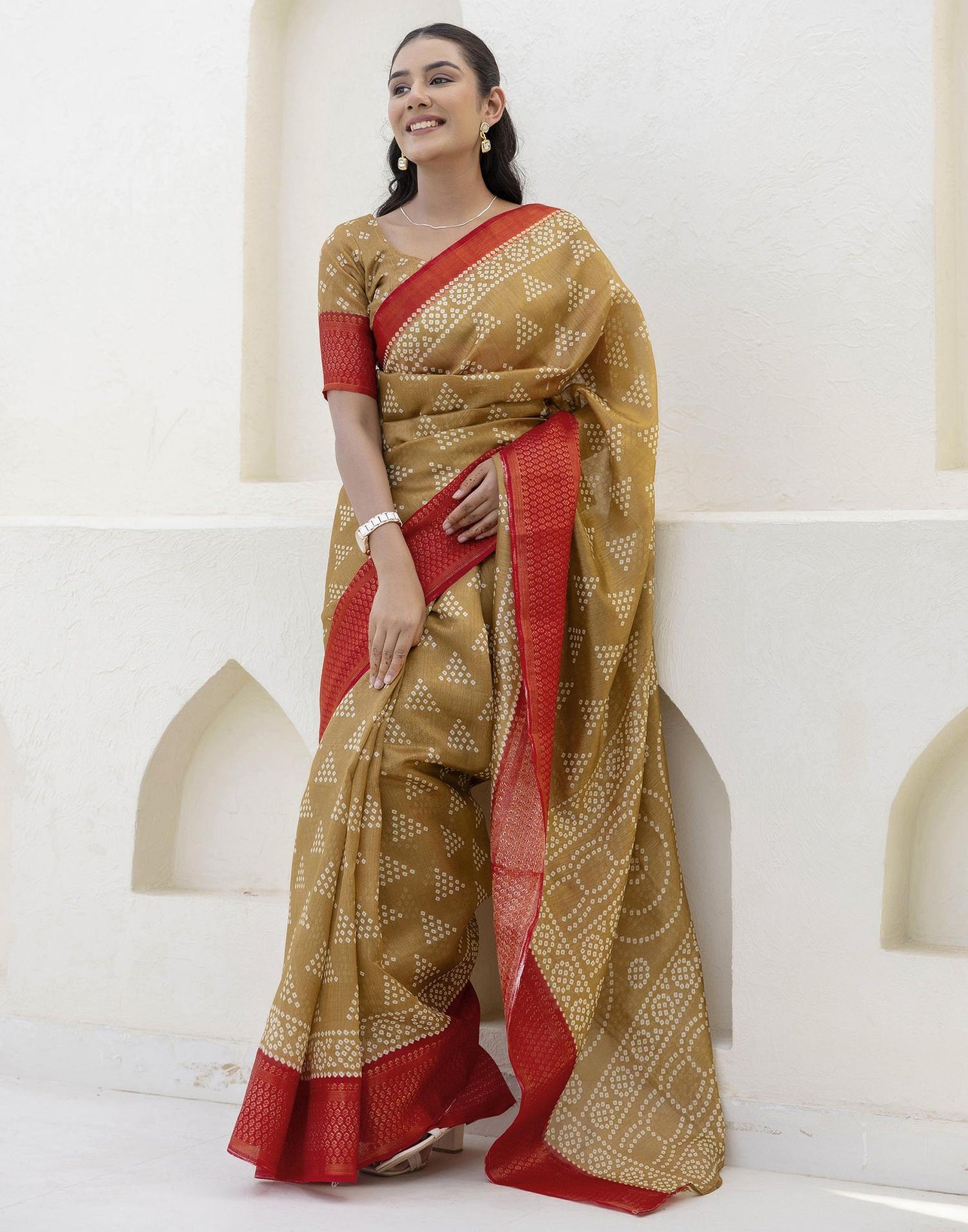 Khaki Silk Printed Bandhani Saree