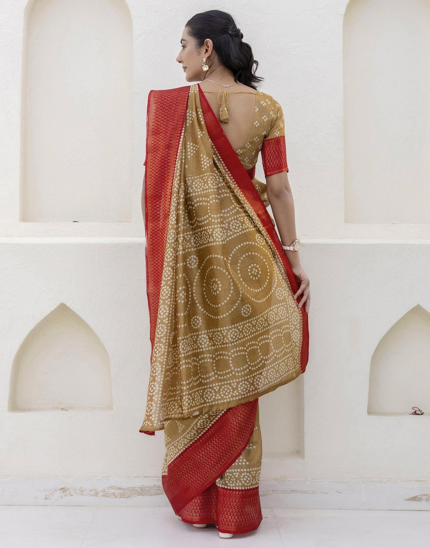 Khaki Silk Printed Bandhani Saree