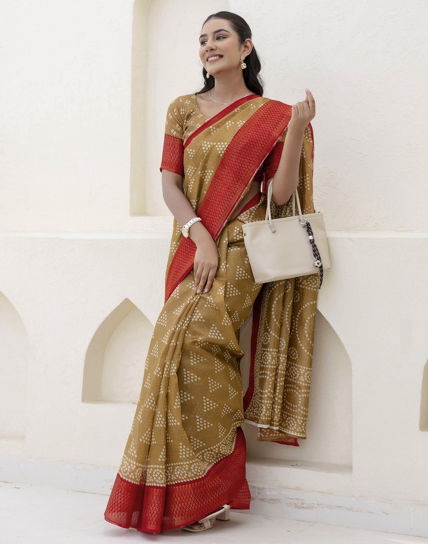 Khaki Silk Printed Bandhani Saree