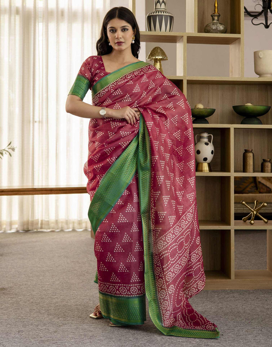 Dusty Maroon Silk Printed Bandhani Saree
